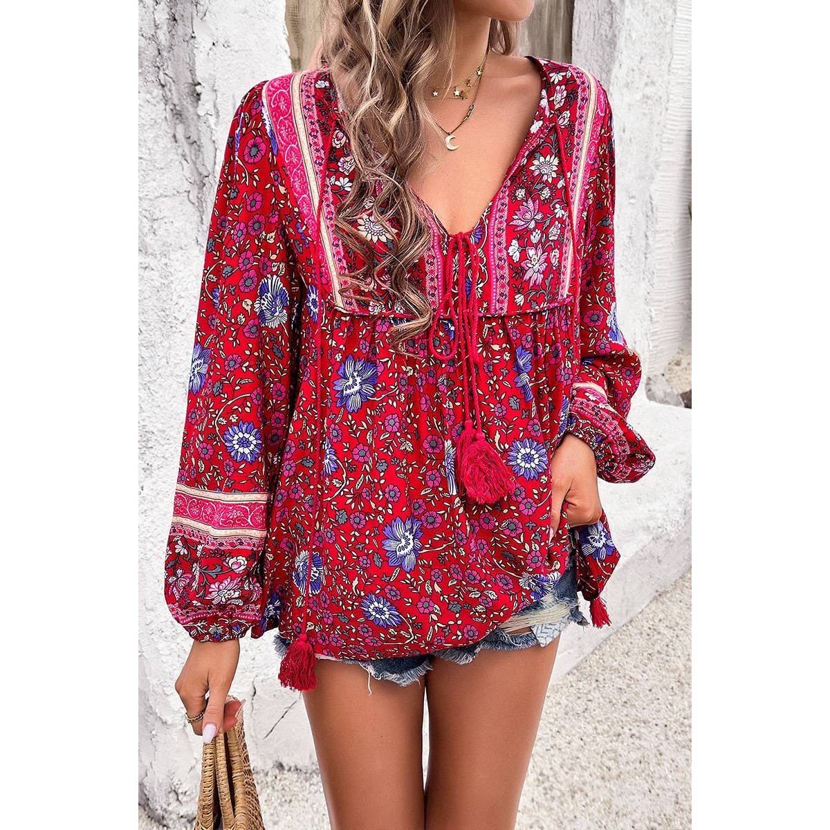 Supreme Fashion – wholesale Blus - Dam – Boho-topp med omslutande blommönster och djup V-ringning10