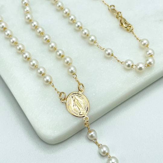 Luxus Accessories - Wholesale Prayer Beads Necklace - 18k Gold Filled 5mm Pearls La Milagrosa, Miraculous Virgin Rosary Necklace3