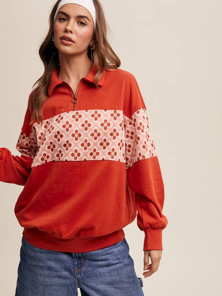 Retro Blomst Panel Halv-Zip Pullover for engroshandel hos Listicle