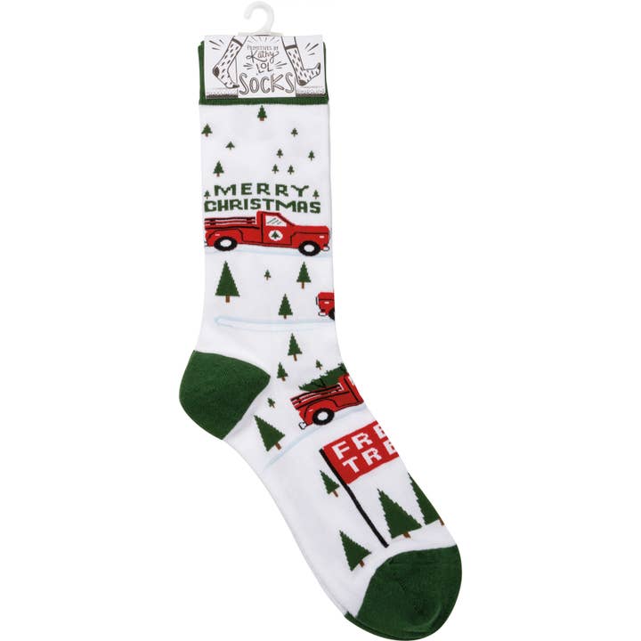 Primitives by Kathy - Wholesale Socks - Unisex - Truck And Tree Merry Christmas Socks
