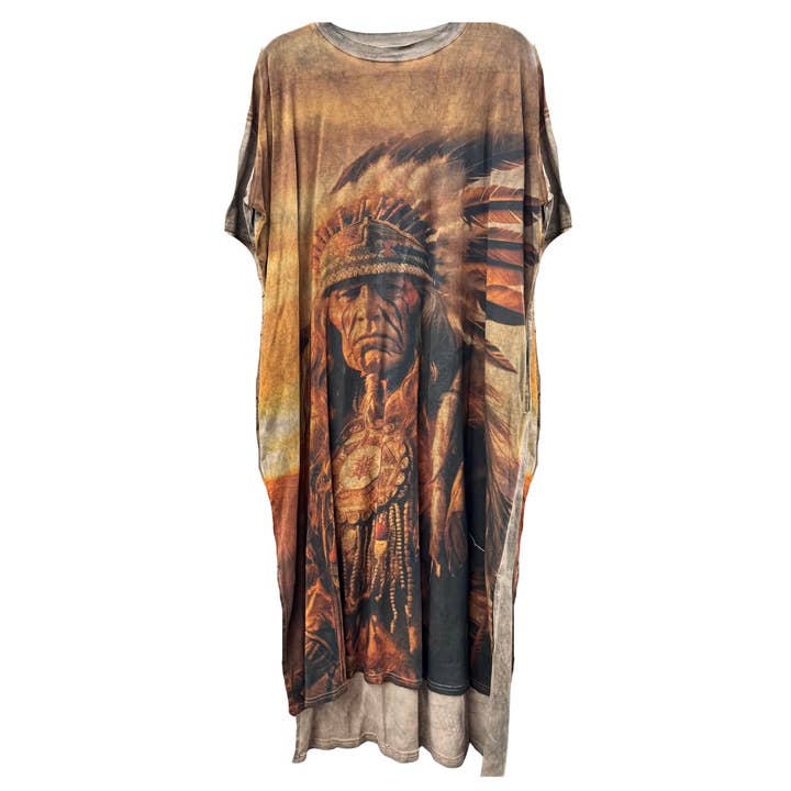 LeParisPetit by I Love Linen - Wholesale Dress – Women's - T-Shirt Dress with Print of Indian Warrior0