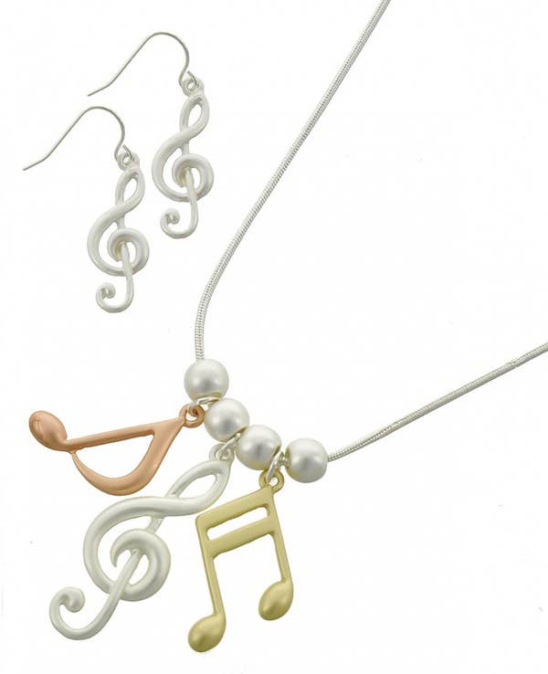 0011 PREMIERE - Wholesale Jewelry Set - FR2765 3-Tone Treble Clef, Notes, Music Metal Necklace Set2