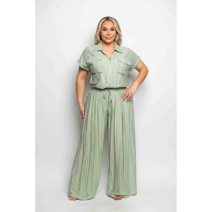 PLUS SIZE COLLARED ZIPPER FRONT CUFFED SLEEVE BLOUSE AND ELA for wholesale by Curve Market