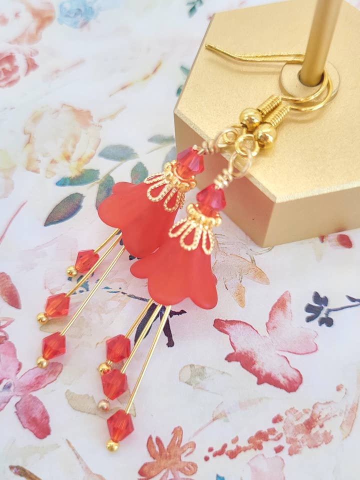 Bell Flower Dangle Earrings - Ruby Siam Red for wholesale by Chic Brico