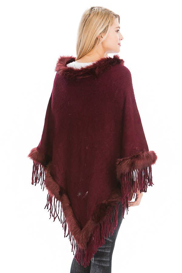 Cap Zone - Wholesale Poncho - Women's - Cable Printed Faux Fur Collar And Trimming Poncho3