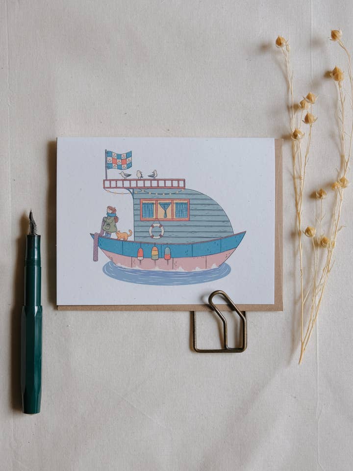Winter Houseboat Greeting Card for wholesale by Justine Gilbuena