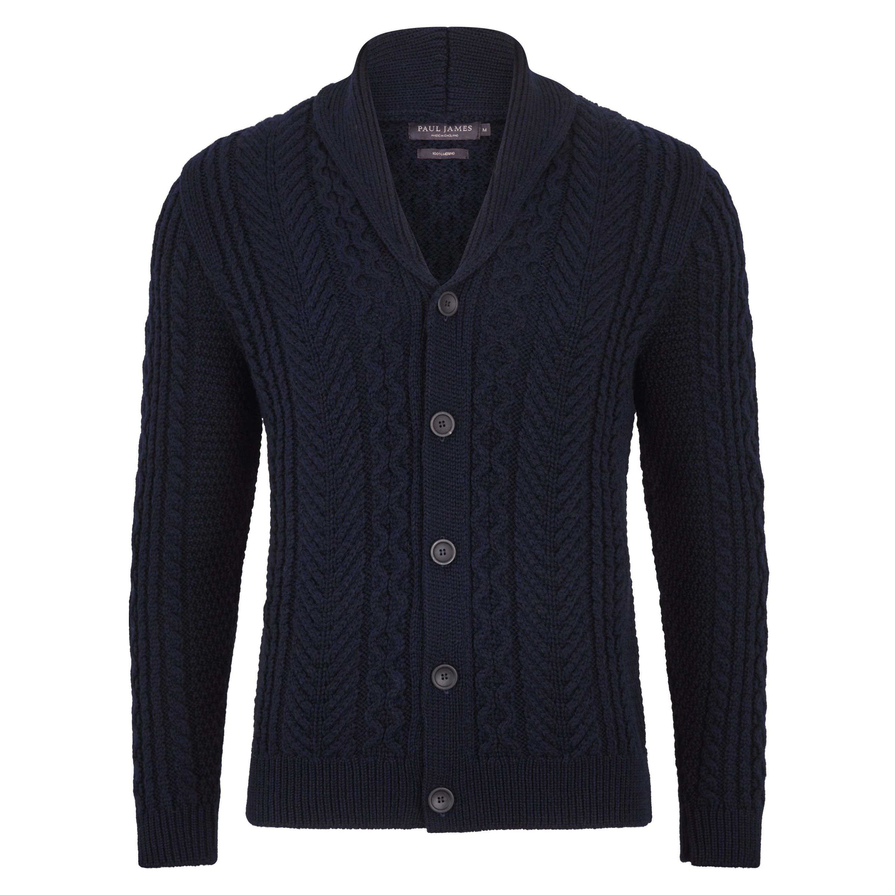 Paul James Knitwear - Wholesale Cardigan - Men's - Mens Chunky Merino Wool Shawl Collar Cable Cardigan14