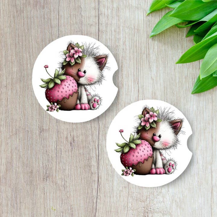 Posavasos para Coche con Gatitos de Fresa | Juego de 2 Posavasos de Neopreno | Regalo para Amantes de los Gatos para venta al por mayor de Uniquely Designed By Rebecca