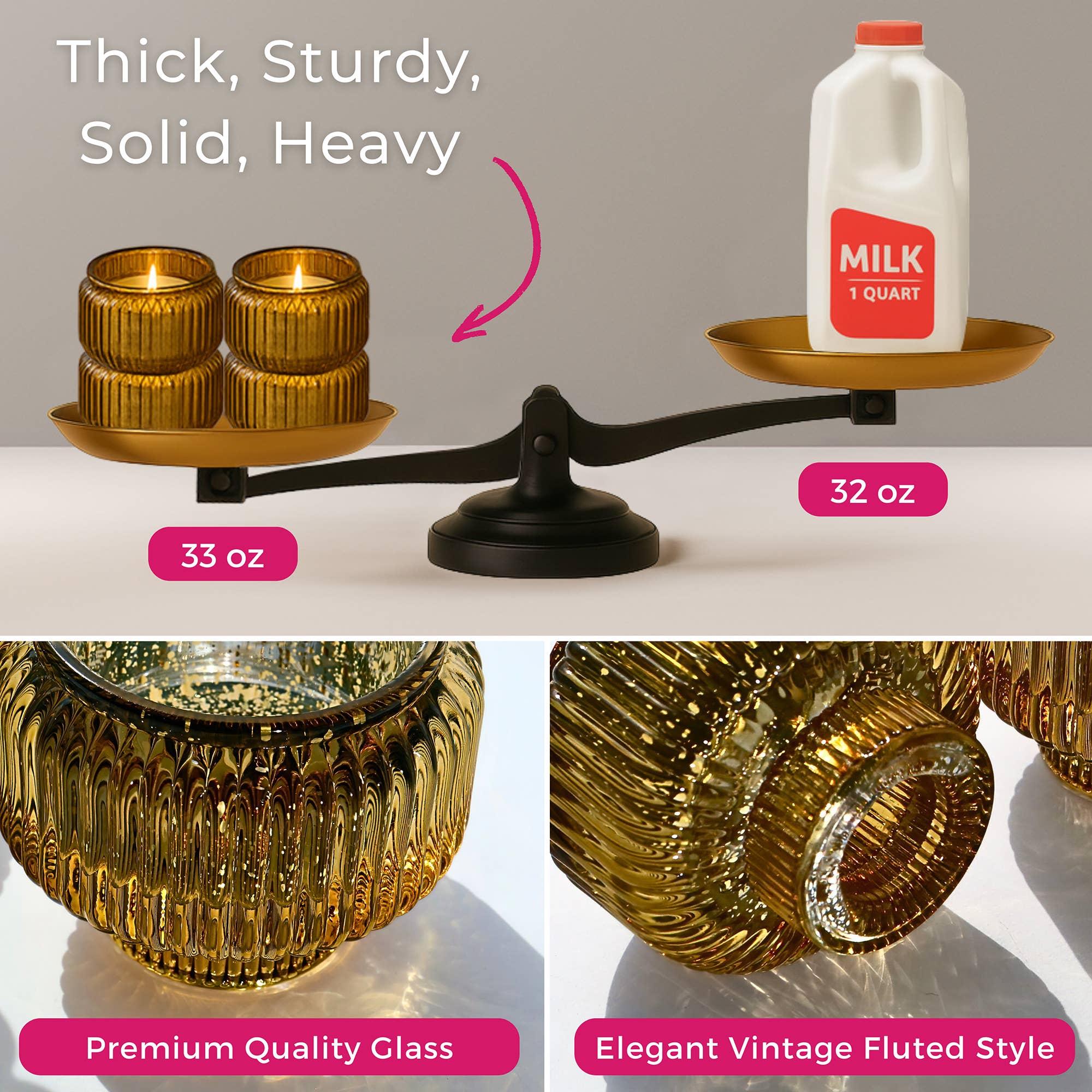 Kate Aspen - Vendita all'ingrosso Portacandele - Portacandele in vetro dorato scanalato 2 in 1 per candele a stelo (set di 4)3