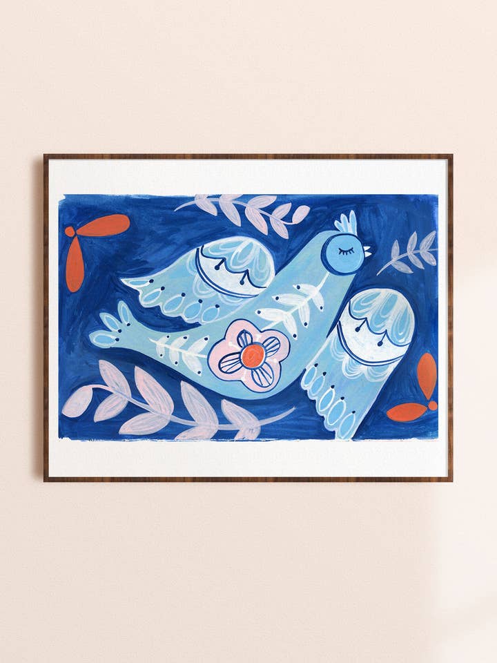 Blå Folk Fugl - Kunsttryk for engroshandel hos Dream Folk Studio