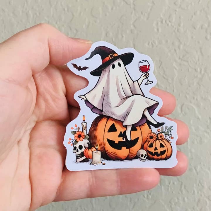 Pegatinas/imán de Ghost Sipping Wine - Fall Ghost para venta al por mayor de Oily Graphic Creations