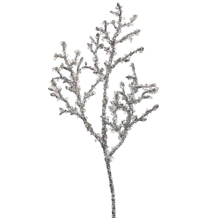 18" Iced/Glittered Plastic Twig Spray Silver for wholesale by Silk Flower Depot