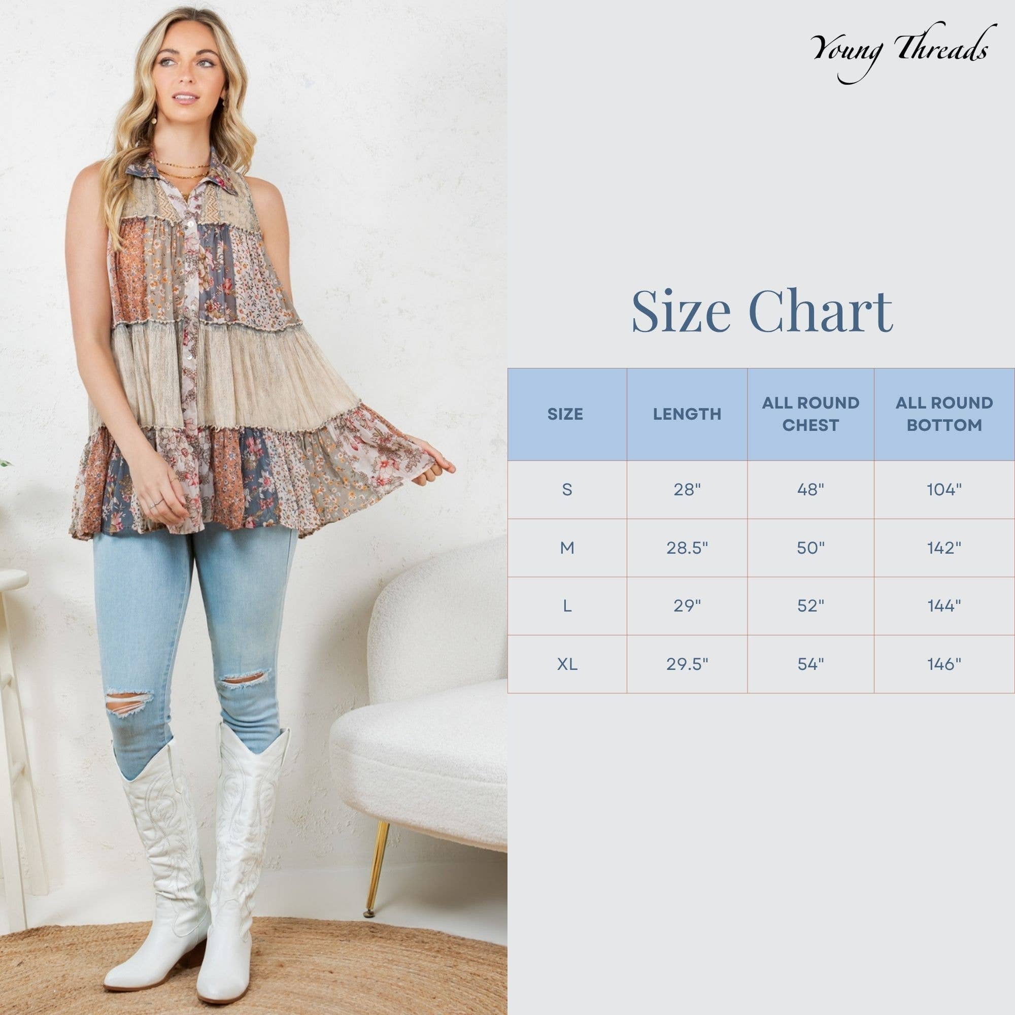 Young Threads - Wholesale Button Down Shirt - Women's - Boho Chic Nomad Patchwork Buttondown Top Sleevel (New Color)39