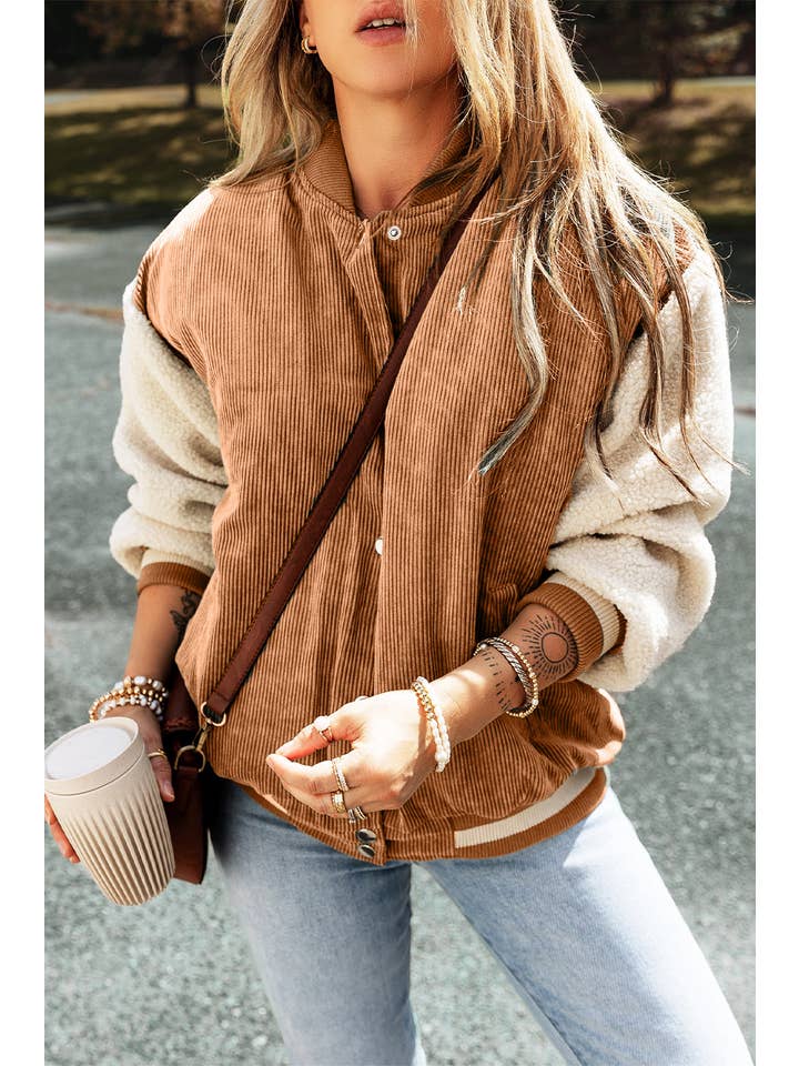 PRETTY BASH - Wholesale Bomber jacket – Women’s - Colorblock Corduroy Fleece Patchwork Button-Up Bomber Jacket12