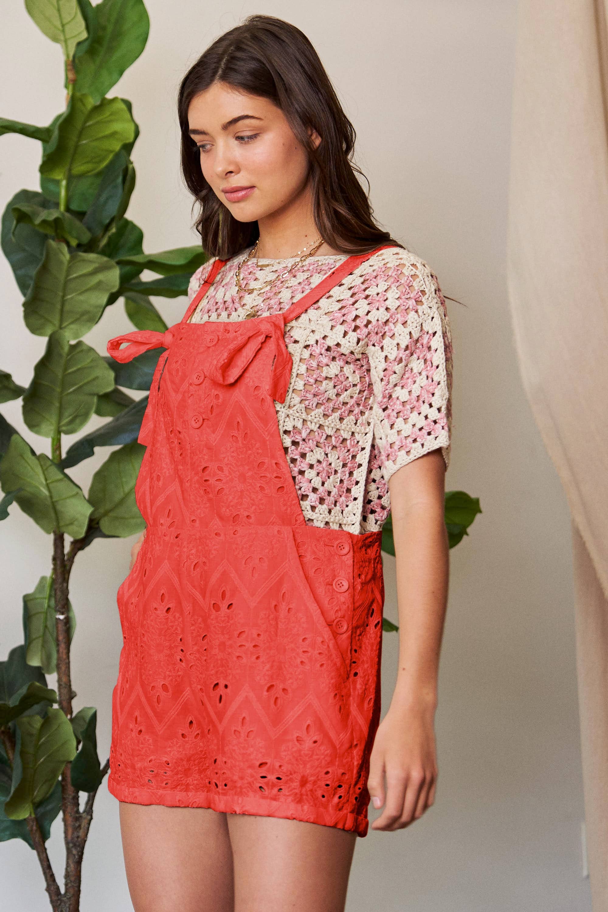 Hot Pink CROCHET LACE SHORT ROMPER WITH SIDE POCKETS for wholesale on Faire1