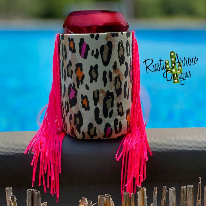 Regular Pink and Orange Cheetah Fringe Koozie for wholesale by RAD Wholesale