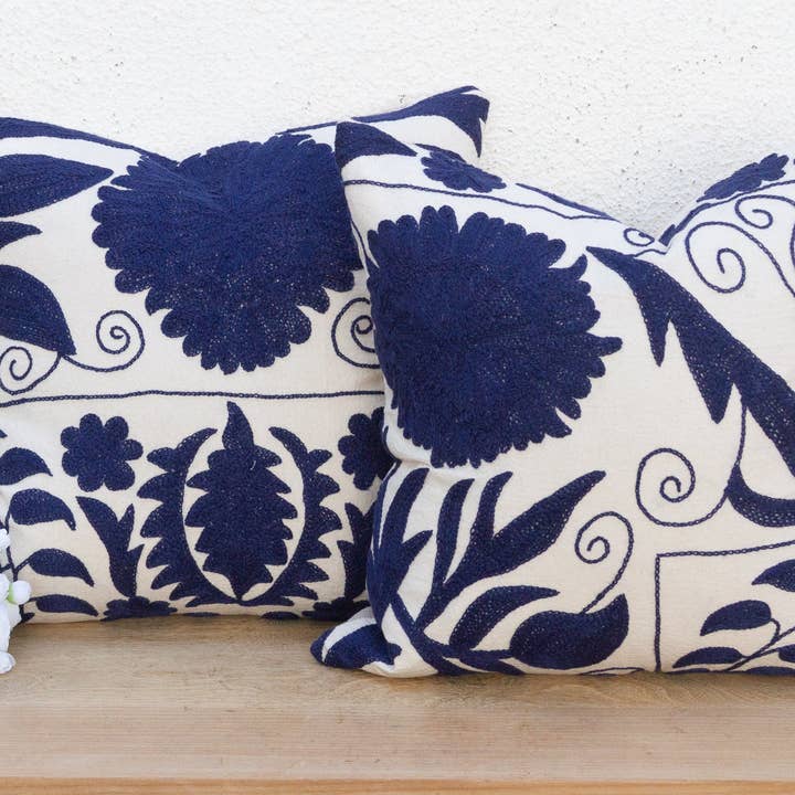 Pair of Indigo Blue Hand Embroidered Suzani Pillows for wholesale by De-cor