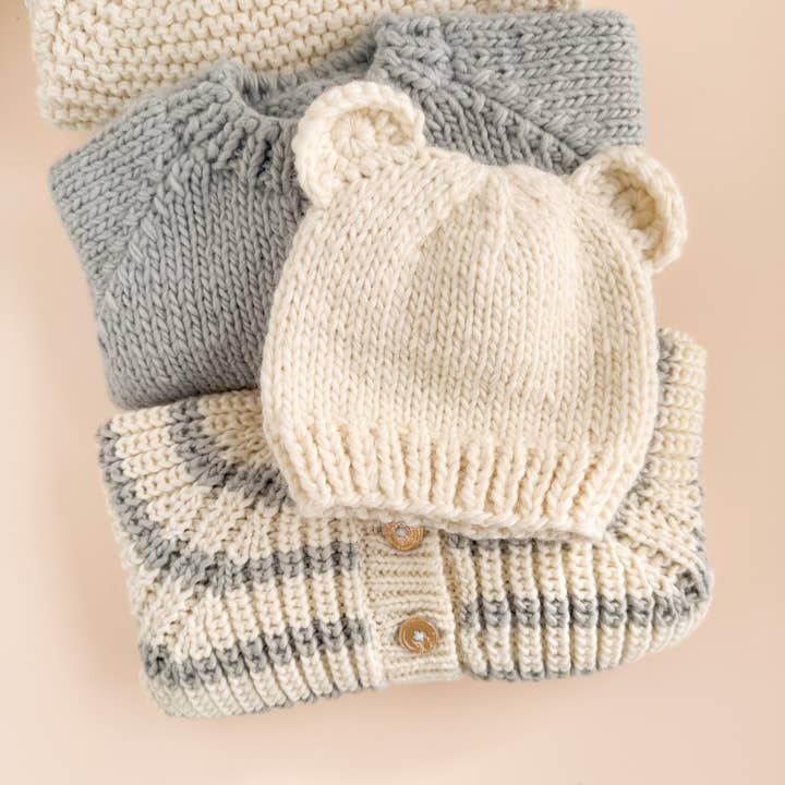 The Blueberry Hill - Wholesale Newborn/Knit Hat - Baby - Bear Hat, Cream Baby Shower Kid Accessories Fall Winter Gift