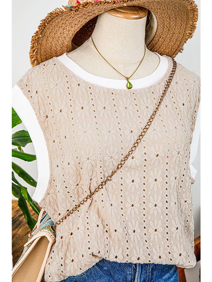 As shown Fashion-W Floral Textured Crew Neck Tank Top for wholesale on Faire