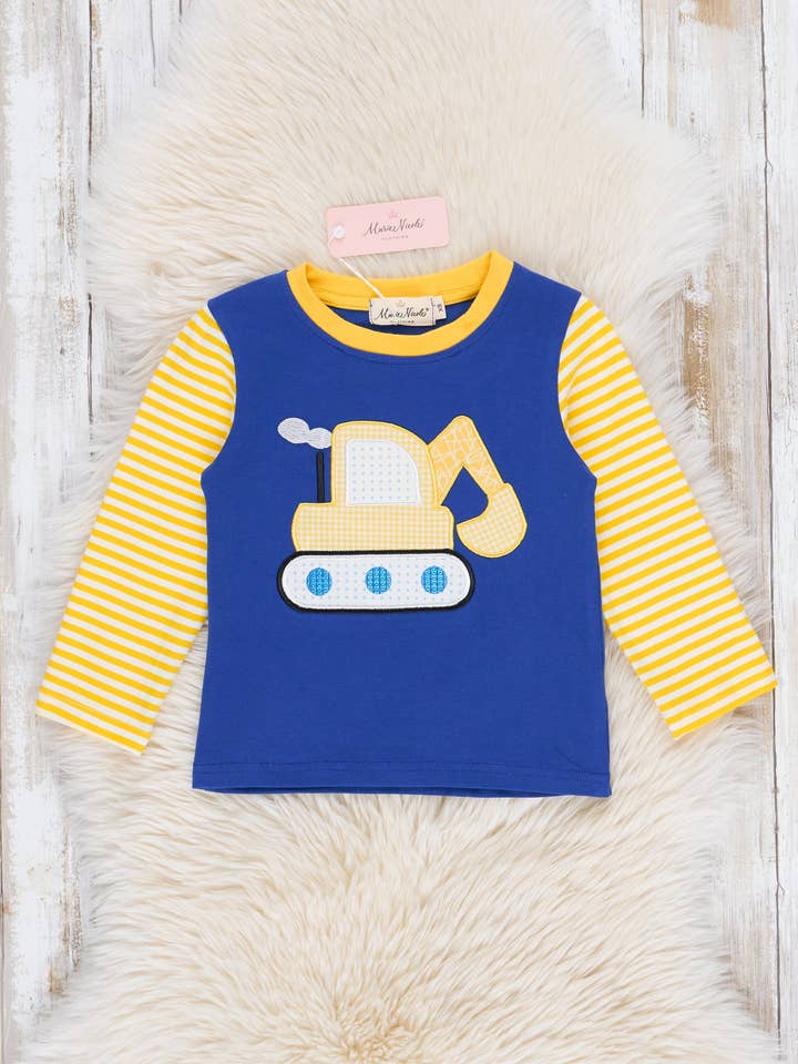 Royal Blue & Yellow Excavator Raglan Shirt for wholesale by Marie Nicole Clothing