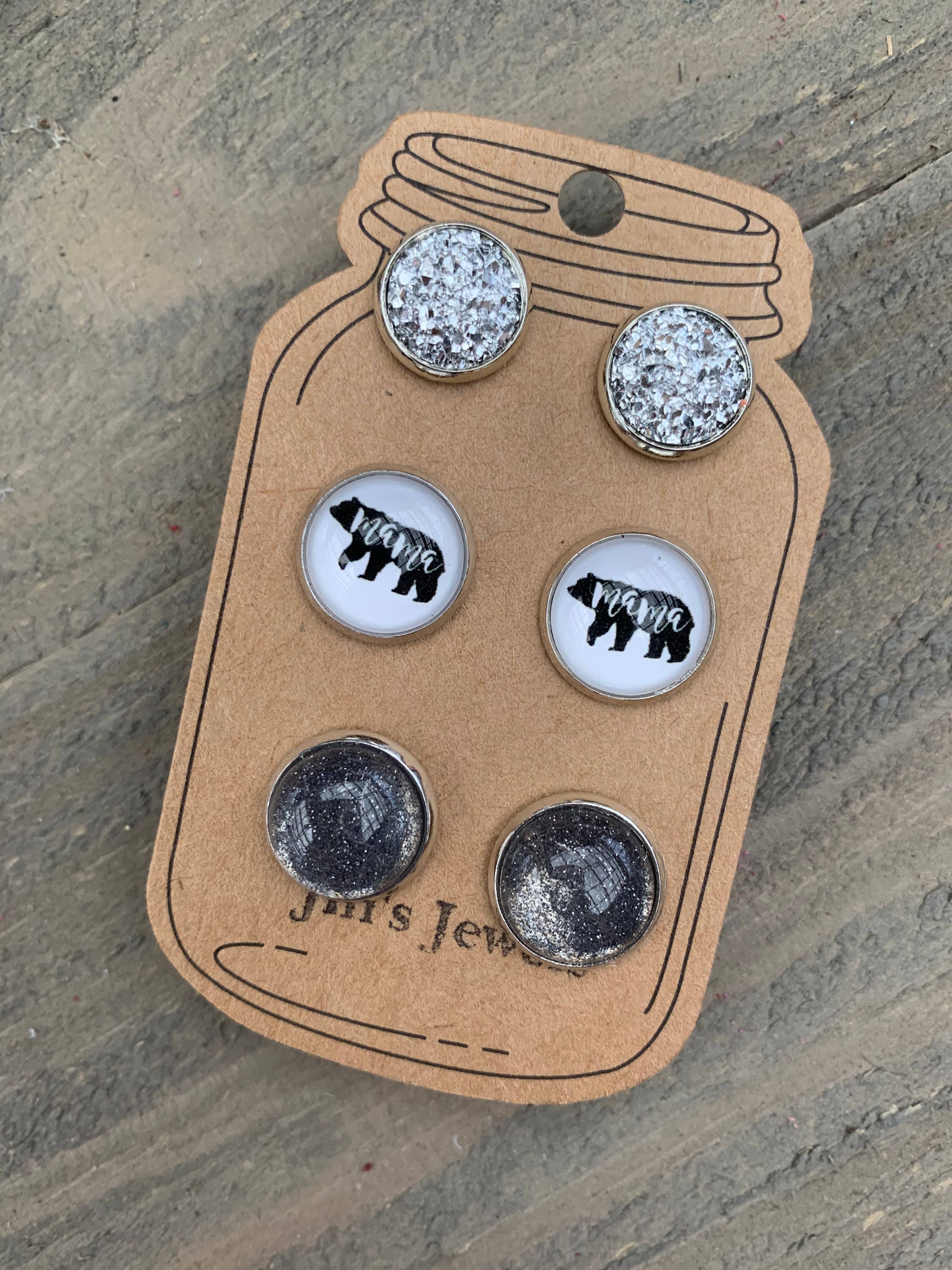 Jill's Jewels - Wholesale Jewelry Set - Mama Bear Triple Faux Druzy Glitter 3 Earring Set0