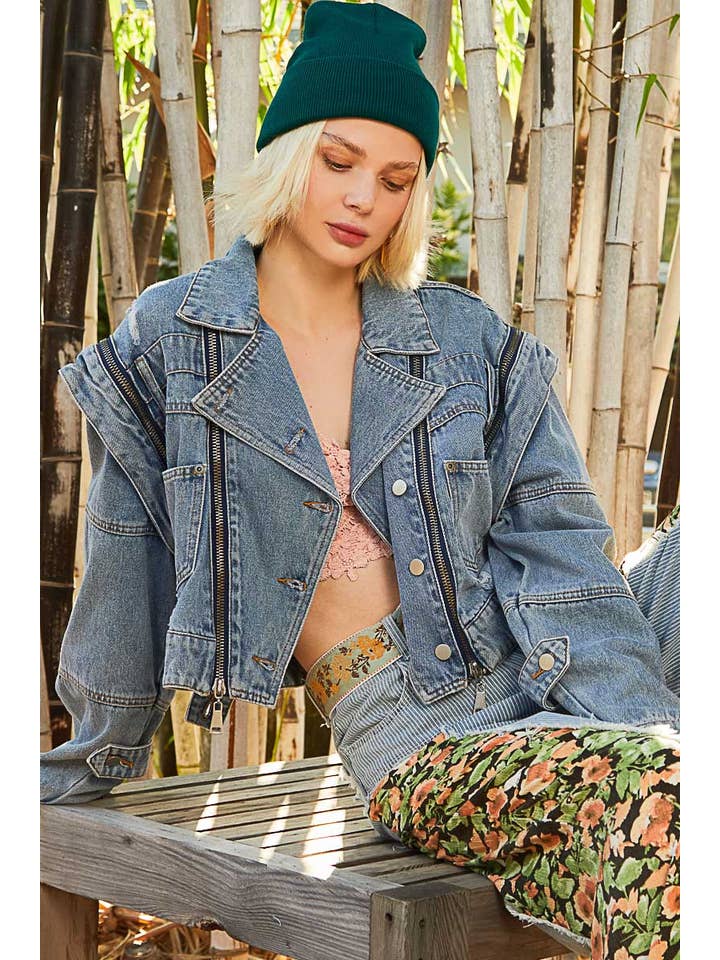Pol Clothing - Wholesale Denim Jacket - Women's - Oversized denim jacket with zipper detail