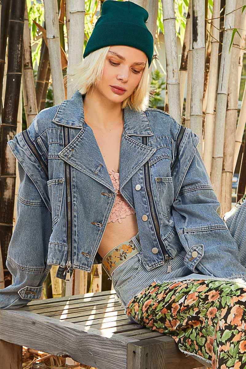 Pol Clothing - Wholesale Denim Jacket - Women's - Oversized denim jacket with zipper detail