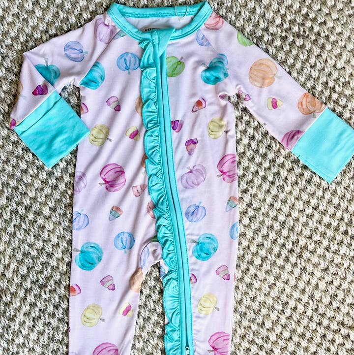 Pink Pumpkin Zipper Onesie W/Ruffle for wholesale by Sweet Bay Clothing