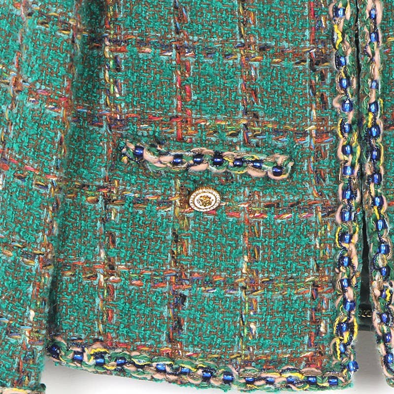 Vert Veste en tweed de laine d'automne 69Y 2025 avec tissage à carreaux exquis en vente sur Faire3
