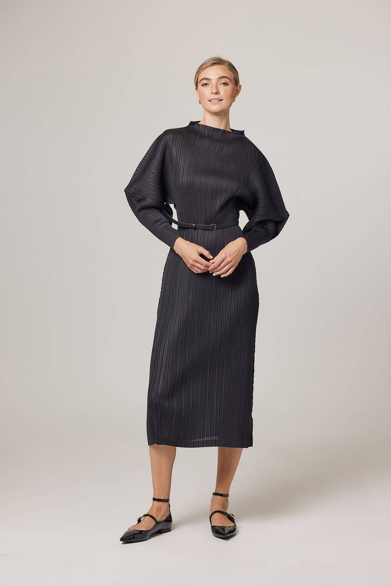 Black Hera Plissé Satin Sculpture Dress for wholesale on Faire3