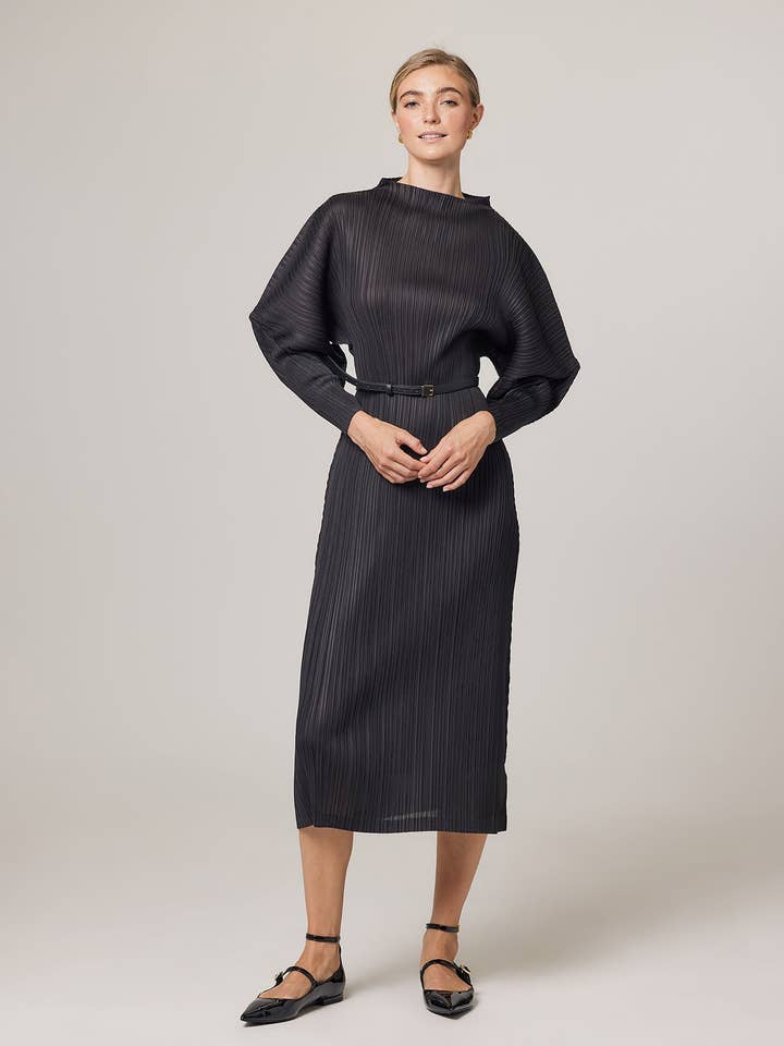 Black Hera Plissé Satin Sculpture Dress for wholesale on Faire3