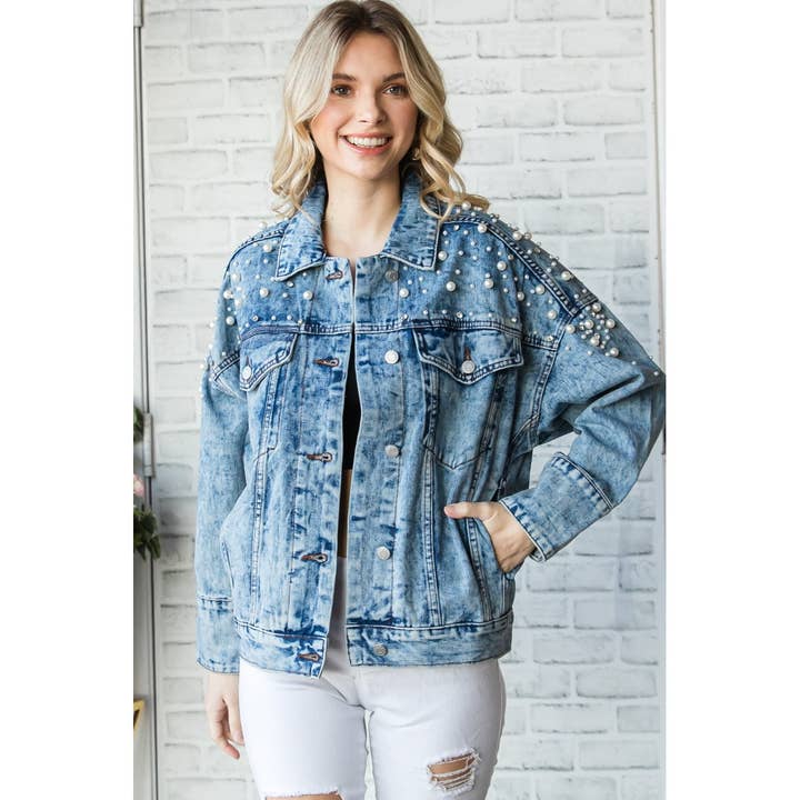Med Wash Pearl and Rhinestone Denim Jacket for wholesale on Faire