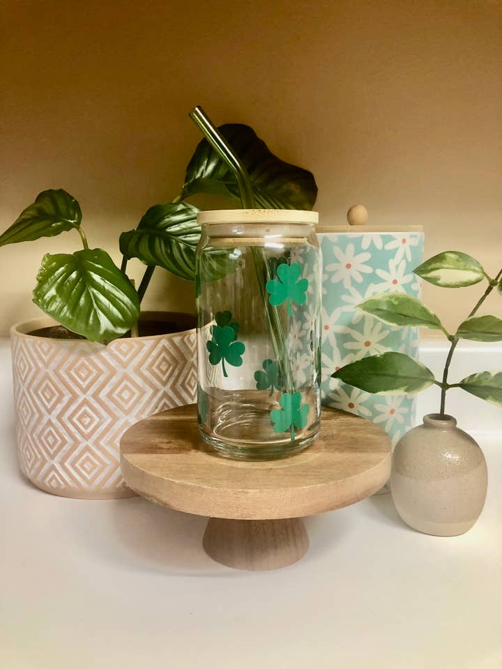 Shamrock Iced Coffee Cup, Clover Glass, St. Patricks Day Cup for wholesale by MommyandMarie