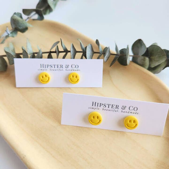Yellow Happy Face Polymer Clay Stud Earrings for wholesale by Hipster & Co