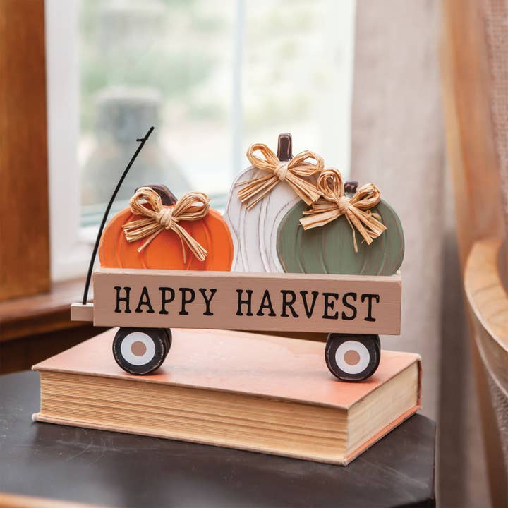 Orange White Teal Happy Harvest Pumpkin Wagon Sitter for wholesale on Faire1
