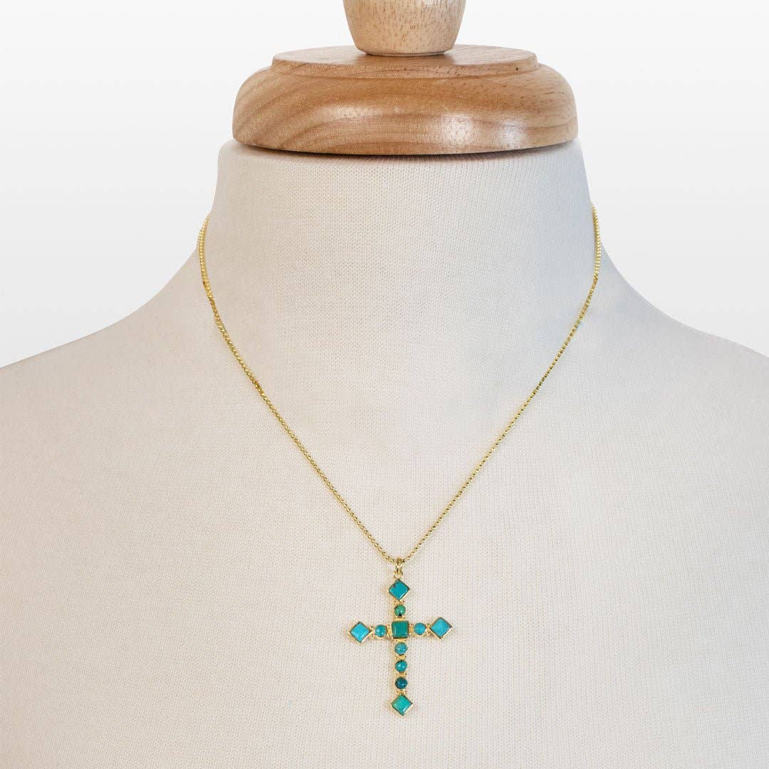 URBAN-EQUESTRIAN - Wholesale Pendant/Charm Necklace - Keepsake - Turquoise Cross Necklace in Gold0