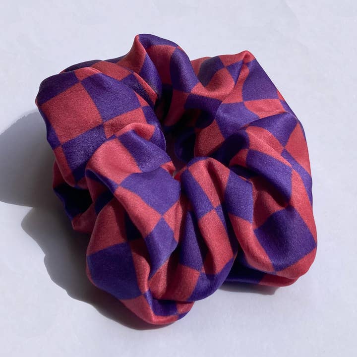 Pink + Purple Checkerboard Print Silk Scrunchie for wholesale by Adele by Adele Jackson