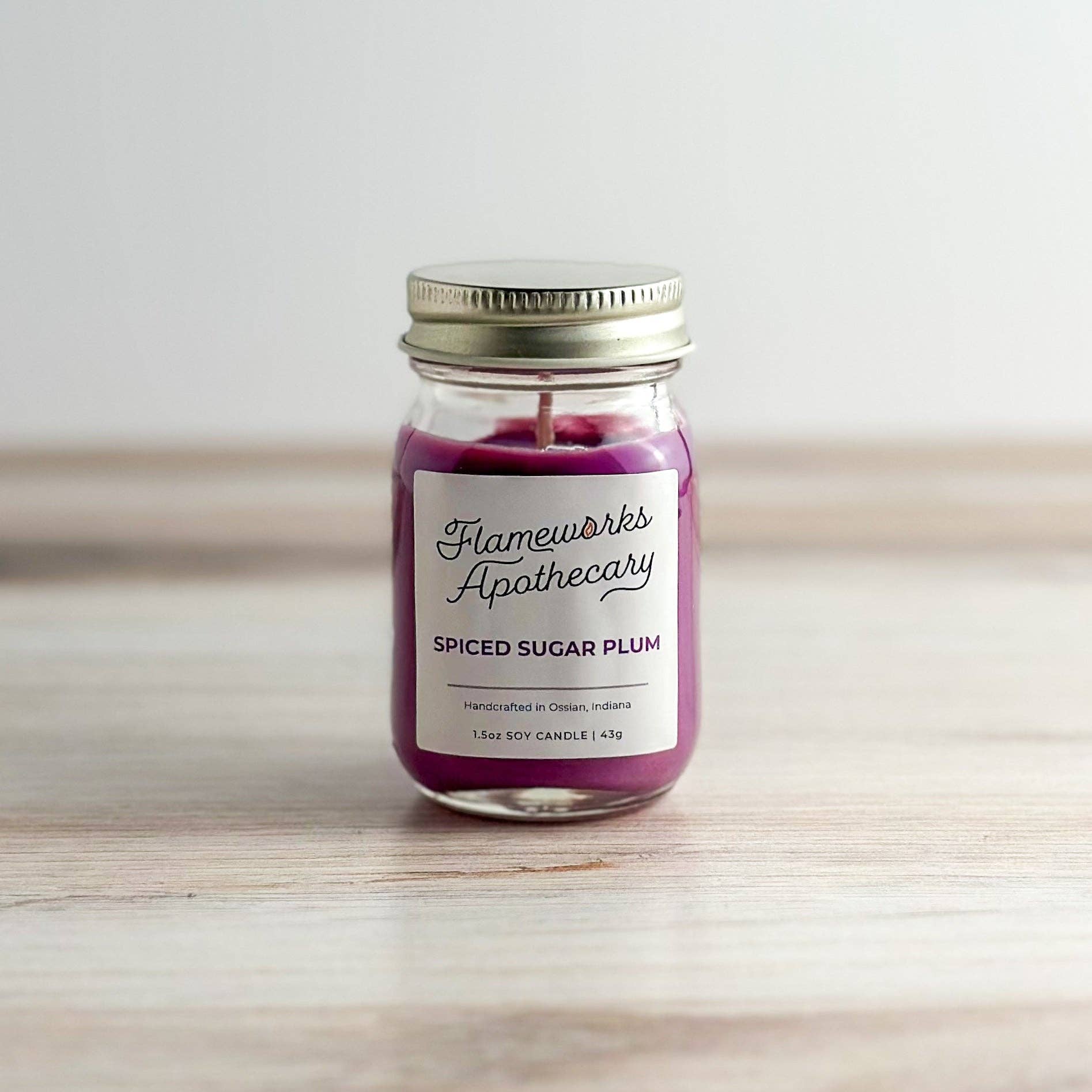 Flameworks Apothecary - Wholesale Jar/Filled Candle - Spiced Sugar Plum 1.5 oz Mini Mason Jar Candle0
