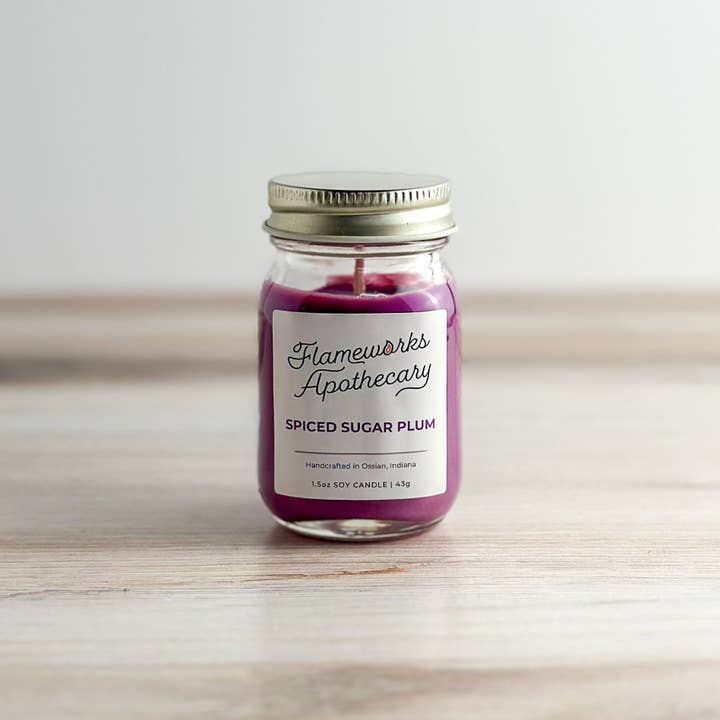 Spiced Sugar Plum 1.5 oz Mini Mason Jar Candle for wholesale by Flameworks Apothecary