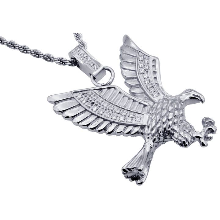 Men's Stainless Steel Cubic Zirconia Eagle Pendant Necklace With 24" Rope Chain for wholesale by Blackjack Mens Jewelry