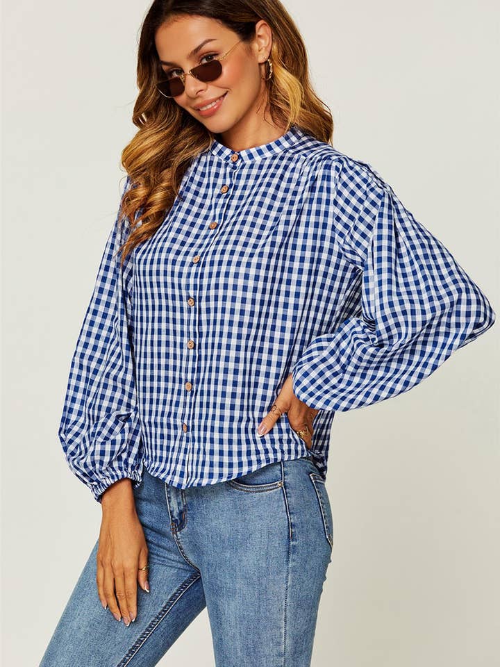 Gingham Print Band Collar Blouse Top In Blue for wholesale by FS Collection