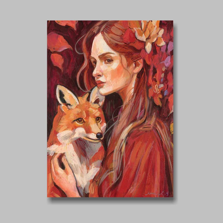 Impressão artística DIN A5, Vermelho, Mulher, Raposa, Postal por atacado de Atelier No.1