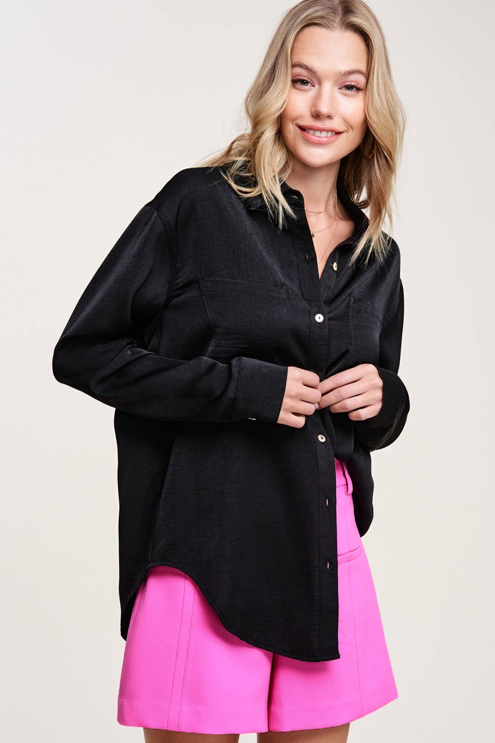 La Miel - Wholesale Button Down Shirt - Women's - SRT7452-Silky and Flowy Button Down Long Sleeve Shirts26