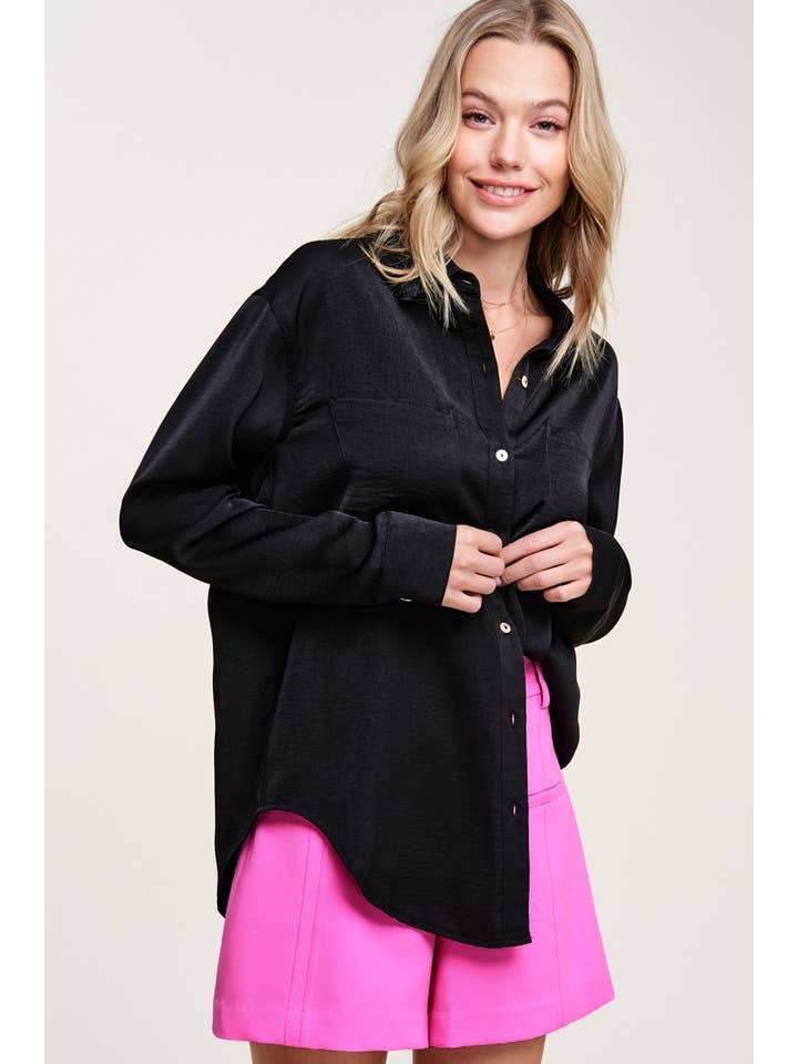 La Miel - Wholesale Button Down Shirt - Women's - SRT7452-Silky and Flowy Button Down Long Sleeve Shirts26