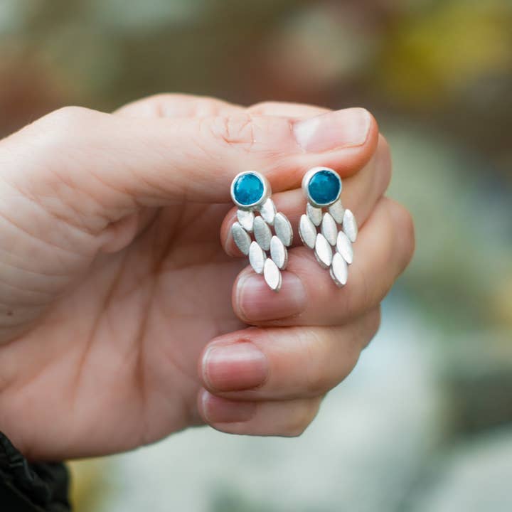 Aquamarijn gevlochten bladpatroon oorbellen, art deco oorbellen voor wholesale door idiliusjewelry