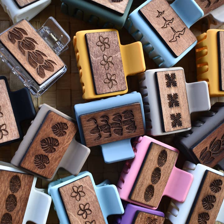 Mini Handmade Wood Engraved Hair Clip for wholesale by Revel Sun Hawai'i