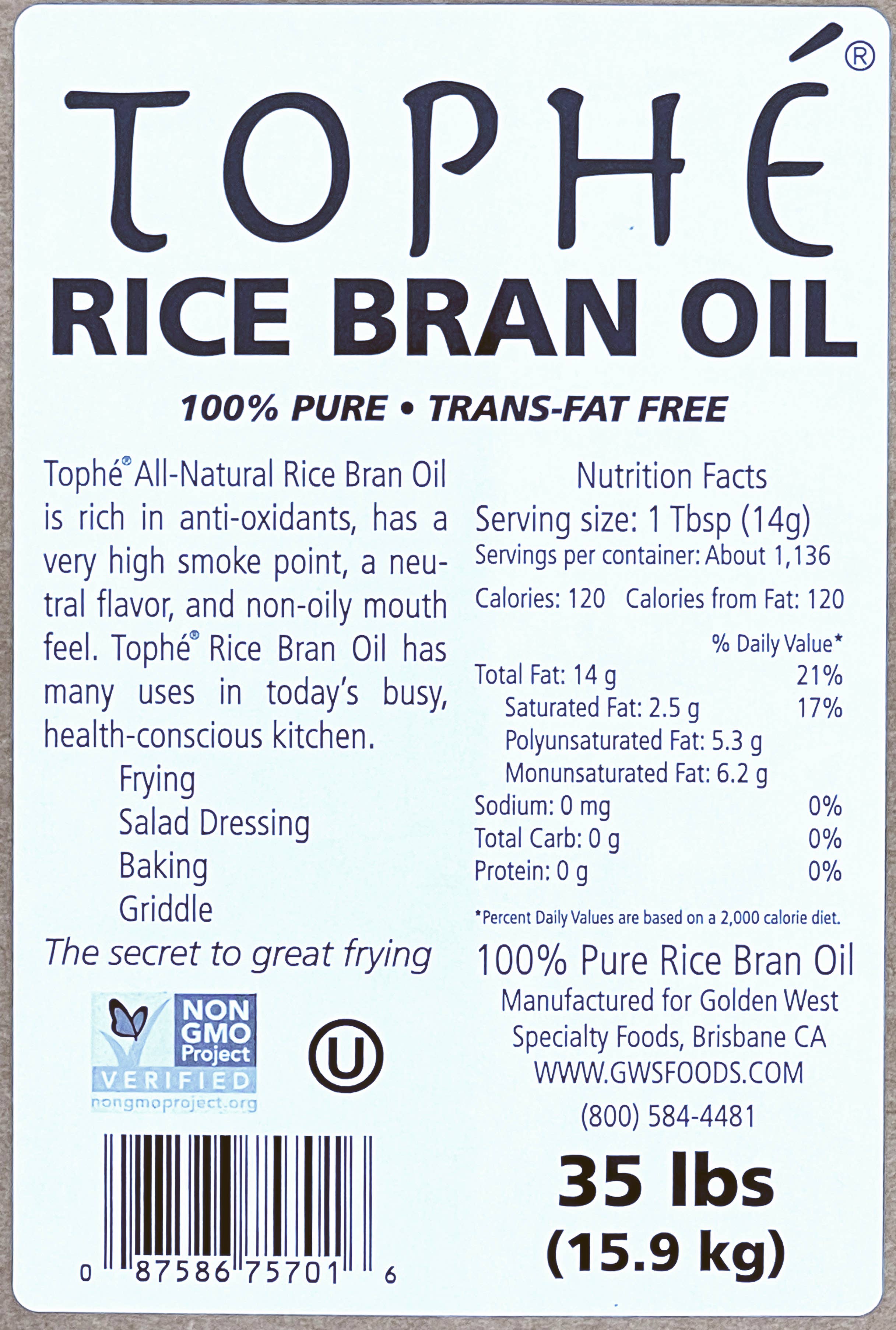 Golden West Specialty Foods – wholesale Cooking oil – Tophé Pure Rice Bran Oil - 35 lb. jib3