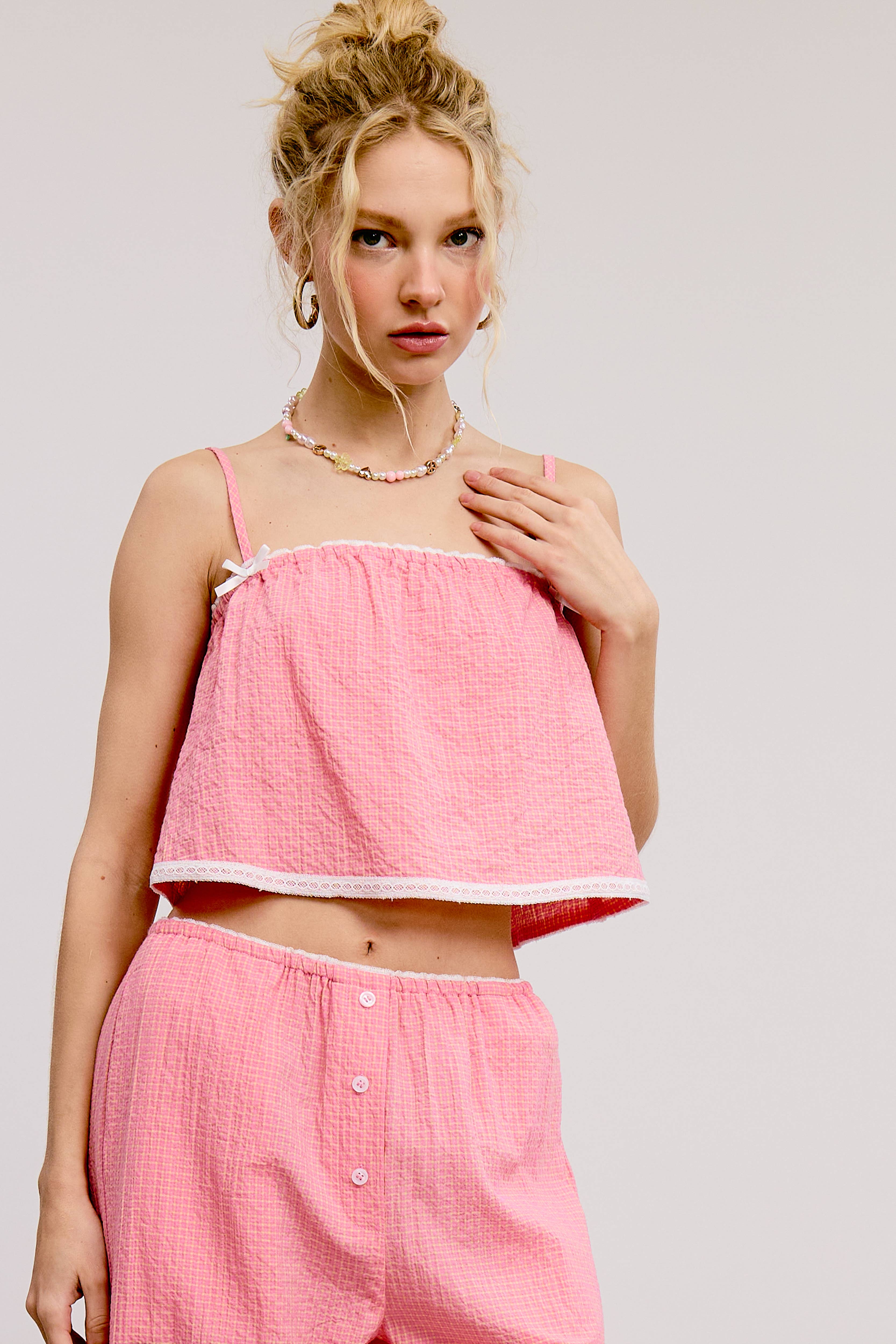 Mimosa - Wholesale Top & Pant Set (NOT Loungewear) - Women's - Plaid Lace Trim Tank and Pants Matching Set0