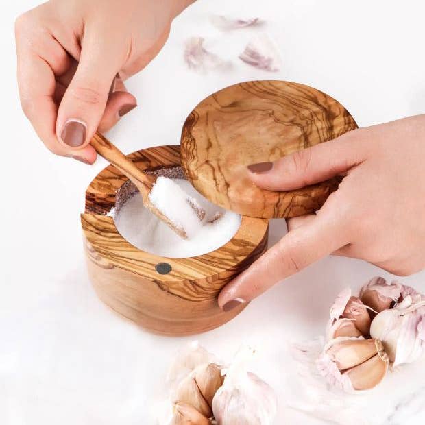 Handcrafted Olivewood - Wholesale Salt Mill - Handcrafted Rustic Olive Wood Salt Cellar with Scoop