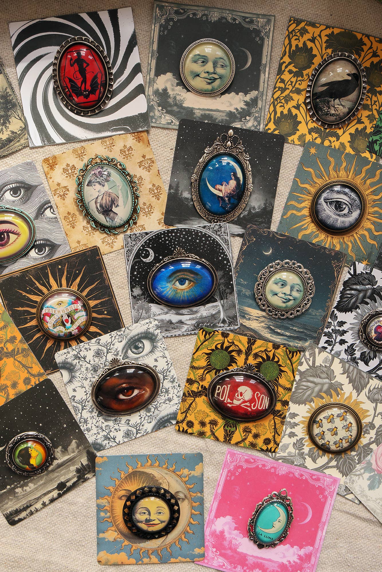 Asunder Bazaar - Wholesale Brooch - 20pc Handmade Eclectic Vintage Cameo Brooches on Cards6